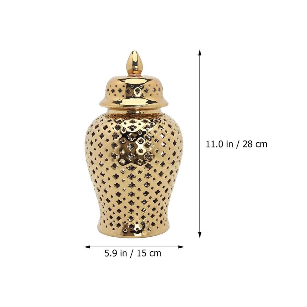 IMIKEYA Ceramic Ginger Jar with Lid Lattice Decorative Temple Jar Cut Out Ceramic Vase for Living Room and Kitchen Decoration Golden 28x15cm