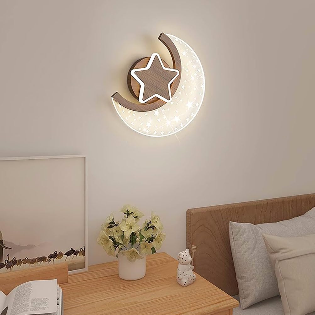 LED Mond Wandlampe Innen Holzoptik 12W Modern Kinder Wandleuchte Sterne und Mond Nachttischlampe 3 Farbtemperatur Junge Mädchen kinder Schlafzimmerlampe Nachtlicht Kinderzimmer Wandbeleuchtung,1 pcs.