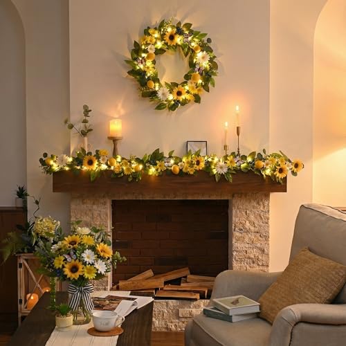 Valery Madelyn 6ft Pre-Lit Spring Summer Lemon Garland for Mantle with Light, Artificial Sunflower Greenery Fruit Vine, Rustic Farmhouse Lemon Kitchen Decor for Home Lemonade Stand Amalfi Coast Party by Valery Madelyn - Used condition - Image 2
