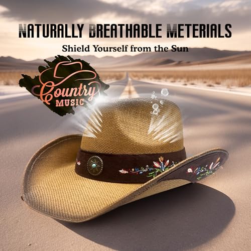 Image of Cowboy Hats for Women, Brown Cowgirl Hats Classic Straw Western Hats for Women Music Festival Party Beach.
