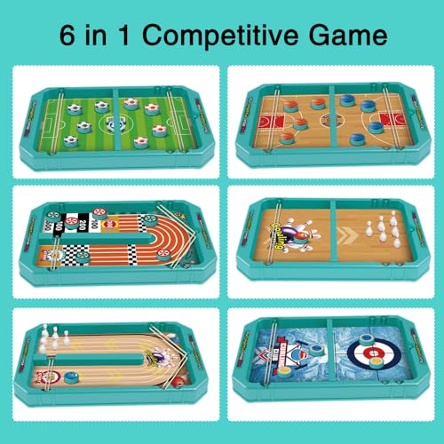 Golgner 6 in1 Hockey Brettspiel, Sling Puck Spiel, Brettspiel Hockey, Fast Sling Puck Game, mit Fußball Basketball Hockey Bowling, für Kinder Erwachsene Familie Partyspiele