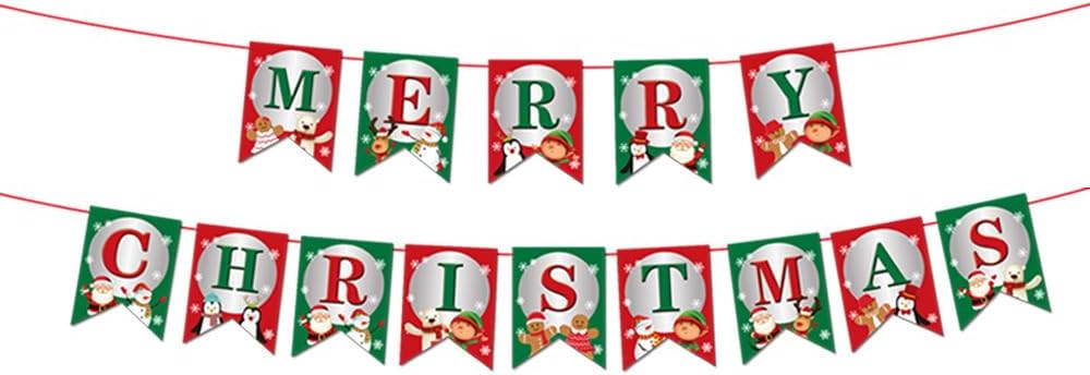 Merry Christmas Bunting Banner, Christmas Letter Garland Banner Xmas Signs Hanging Banner Decoration for Xmas Party Decoration Home Indoor Wall Fireplace Outdoor Party Supplies