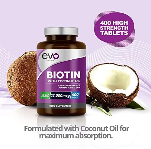 Biotin Hair Growth Supplement 12,000mcg with Coconut Oil | 400 High Strength Biotin Tablets for Hair - 13 Month Supply | Vitamin B7 | Support Normal Skin & Hair Growth | Made in UK by EVO Nutrition