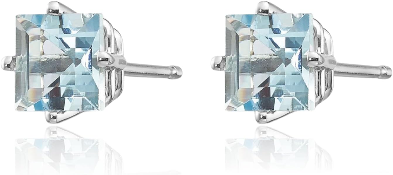 IceCarats 14K Solid White Gold 1.20 carat Blue Aquamarine Medium Stud Earrings 6mm 1/4 inch Square, Natural, Prong Set, Butterfly Back For Her