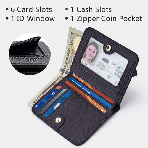 Image of Gostwo Small Wallet for Women, Slim Bifold Credit Card Holder, Compact RFID Blocking Cash Wallet, Billfolds Thin Leather Zipper Pocket, Mini Wallet Gift for Ladies Teen Girls Travel with ID Window