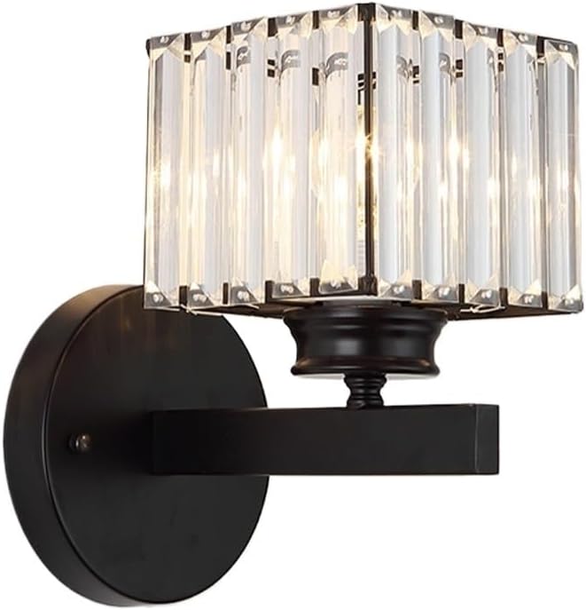 Square Crystal Wall Sconce, Black Wall Lamp, Mounted Indoor Light with Clear Prism Shade for Bedroom, Living Room, Hallway, Corridor, Bedside, Entryway, Hotel, Vanity Decor Parlor