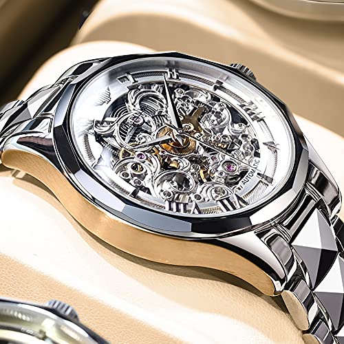 Automatic Men's Watches Skeleton Mechanical Mens Watch Self Winding Stainless Steel Fashion Luxury Sapphire Crystal Watches Silver Black Movement Dress Two Tone Gold OUPINKE Wristwatches — view 4