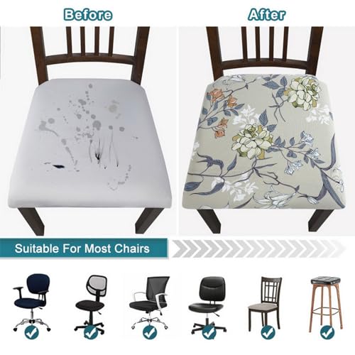 Image of SearchI Seat Covers for Dining Room Chairs Stretch Printed Chair Seat Covers Set of 6, Removable Washable Upholstered Chair Seat Protector Cushion Slipcovers for Kitchen, Office(Green Flower)