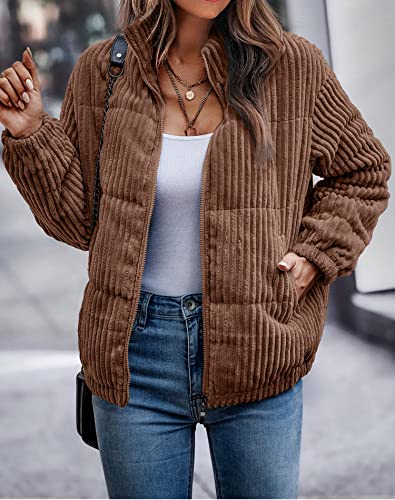 image for Angashion Women's Bomber Jacket Corduroy Ribbed Quilted Zip Up Long Sl