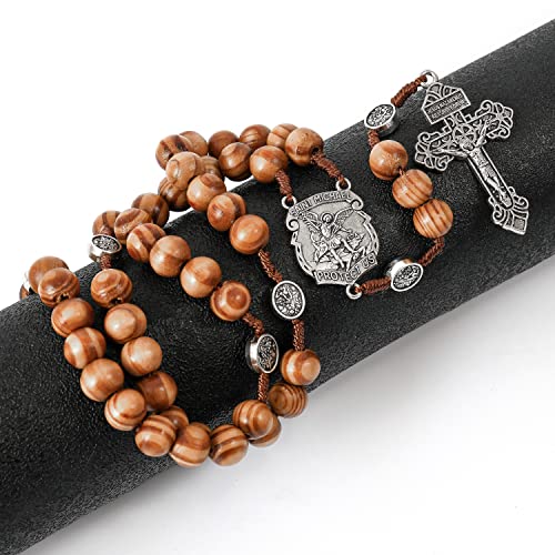 Nazareth Store Sacred St Michael Wood Beads Rosary Solid Wooden Prayer Chaplet with Cross Saint Medal & Silver Pardon Crucifix2
