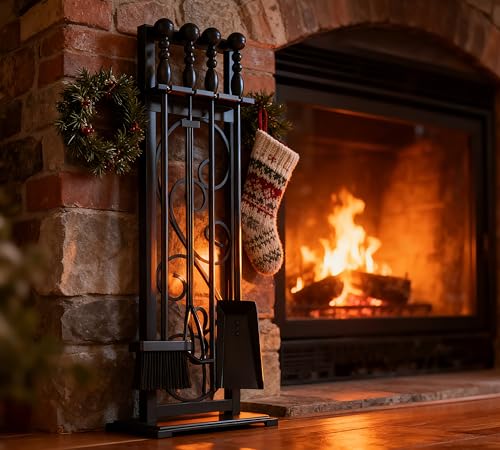 Kingson 5 Pcs Fireplace Tools Wood Stove Fireset Accessories Outdoor Firepit Tools Fireplace Décor Indoor Fire Tools Set with Decorative Scroll Stand, Handy Shovel, Brush, Tongs, Poker-Black