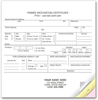 7718 Vet Rabies Vaccination Certificates Imprinted 5 3/8 x 5 1/8" Qty 50 Per Pad 5 Pad Minimum