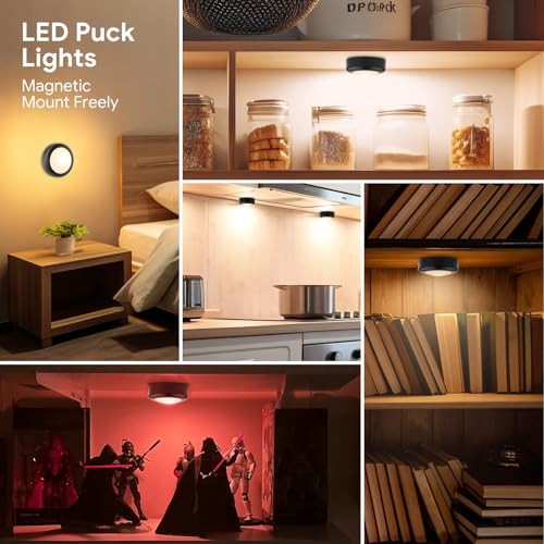 Image of Yiliaw LED Puck Lights with Remote Control, AA Battery Operated, 12 Color Closet Under Cabinet Lighting, Push Tap Light, Under Counter for Kitchen, 3 Pack, Black-Magnetic