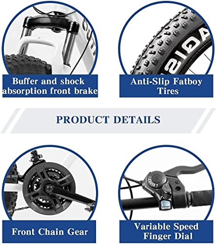 Omelaza 26 Inch Fat Tire Mountain Bike with Dual Disc Brakes, 4 Inch Wide Tires with 21 Speeds, High-Carbon Frame, Mountain Bicycle for Men and Women, Front Suspension Beach Bike for Adult White