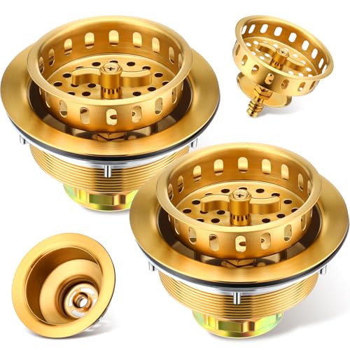 Threehoney 2 Pcs Kitchen Sink Drain Strainer 3-1/2 Inch Gold Stainless Steel Drainer Assembly with T Shaped Strainer Basket and Stopper for Standard 3.5 Inch Sink Drain Hole