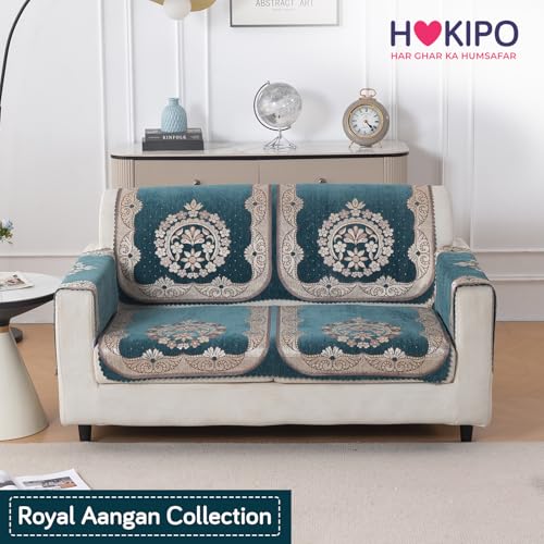 Image of HOKIPO Shahi Teal Premium Chenille Jacquard Sofa Cover for 2 Seater for Seat & Back, 'Royal Aangan Series' (IN-1007-L2*2)