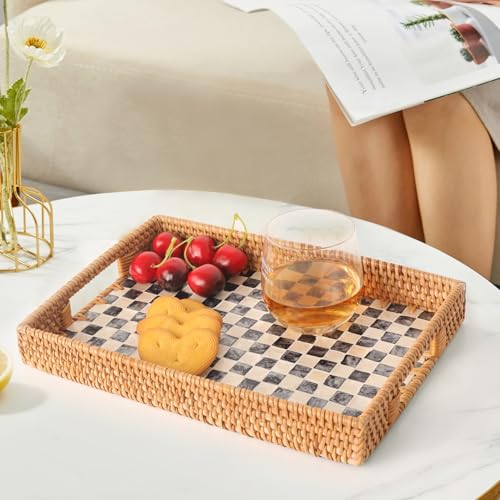 Tynulox Rectangle Rattan Tray with Mother of Pearl Inlay, Rattan Serving Tray with Handle for Coffee, Bread, Fruits, Snacks, Decorative Wicker Tray for Table Decor (Black Checkerboard, 13"×9") by Tynulox - Image 8
