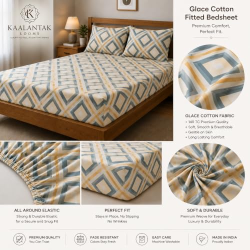 Image of Fitted Bedsheet Multicolor Diamond Print Glace Cotton 210 TC | King Size for Double Bed Fits 6 x 6.5 ft Mattress (72 x 78 Inch) | All Around Elastic | 2 Pillow Covers | 10 Inch Deep Pocket