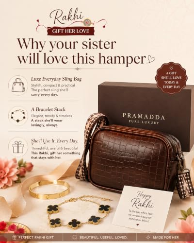Image of Pramadda Pure Luxury Rakhi gift for sister special | rakshabandhan gift for sister | Stylish Textured Broad Belt Mobile Sling bag with gold bracelet stack gift hamper festive.