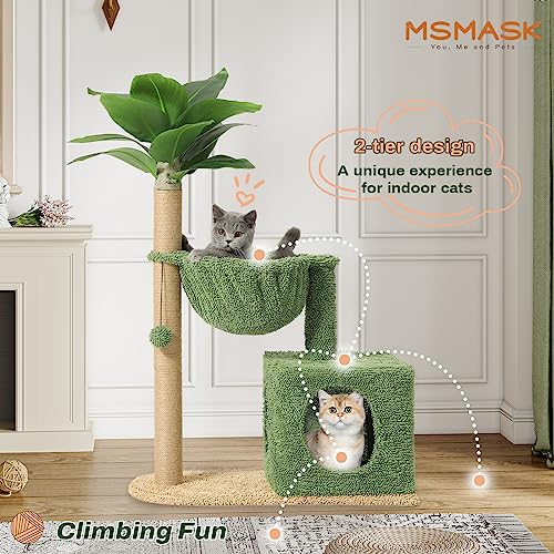 Msmask Cat Tree 40 Inches, Cat Tower With Sisal Fully Wrapped Posts, Climbing Tree With Artificial Palm Leaves, Cat Condo, Leisure Hammock For Indoor Cats, Natural Green Feeling #TOP1