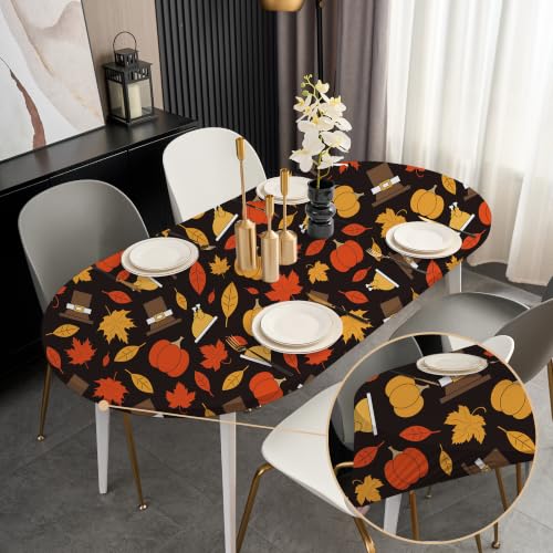Black Pumpkin Oval Tablecloth 48x72 Inch, Fall Stretch Table Cloth Cover | Elastic Edge Fitted Tablecloth, Wind Resistant Washable Table Cloth for Thanksgiving Kitchen Patio, oval table decor