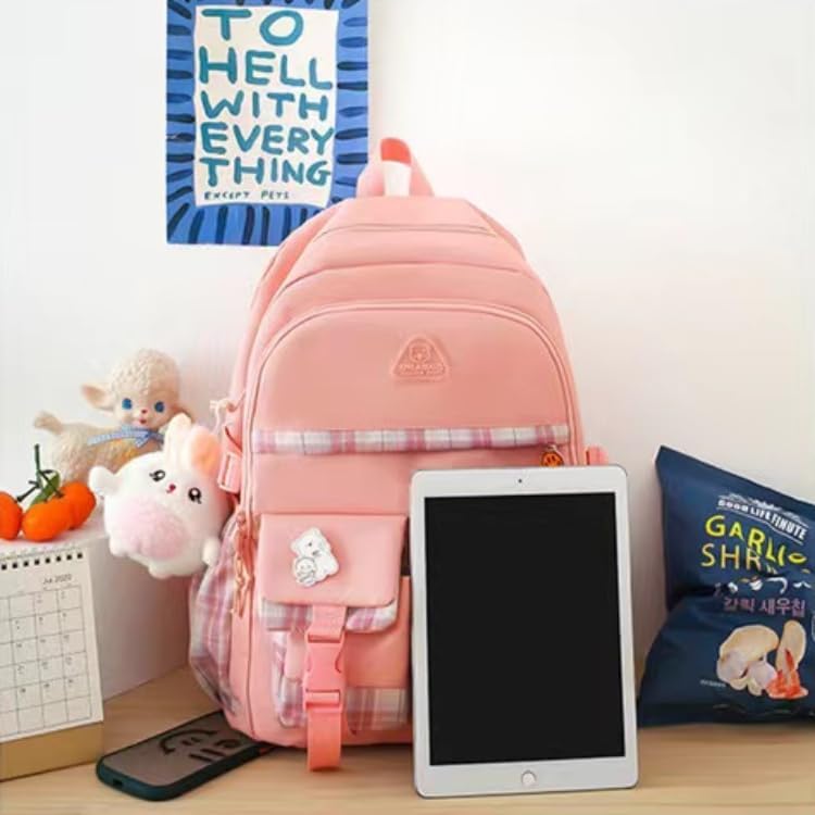 Miniatura 7 de Juego de 5 mochilas Kawaii con colgantes y alfileres Kawaii, accesorios estéticos, bolsas de libros con colgante, Rosado, Moderno