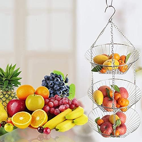 3 Tier Hanging Fruit Basket, Kitchen Hanging Fruit Basket, Hanging Fruit Basket, Metal Fruit Basket, for Putting Fruit Veggies Snack Household Items, Silver