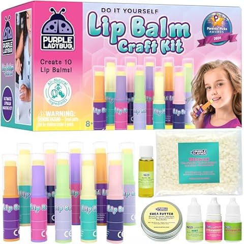 PURPLE LADYBUG Kids Lip Balm Making Kit with Natural Ingredients - Birthday Gifts for 10 Year Old Girls, 8 9 10 Year Old Girl Valentines Gifts for Kids - Cool 8 Year Old Girl Gifts, Fun STEM Activity Cover