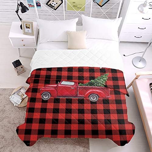 Bedspread Quilt Oversized King Merry Christmas Red Truck Pull Xmas Tree on Buffalo Plaid All-Season Comforter Duvet Insert or Stand-Alone Comforter, Soft Coverlet Bed/Sofa Blanket for Adults Kids