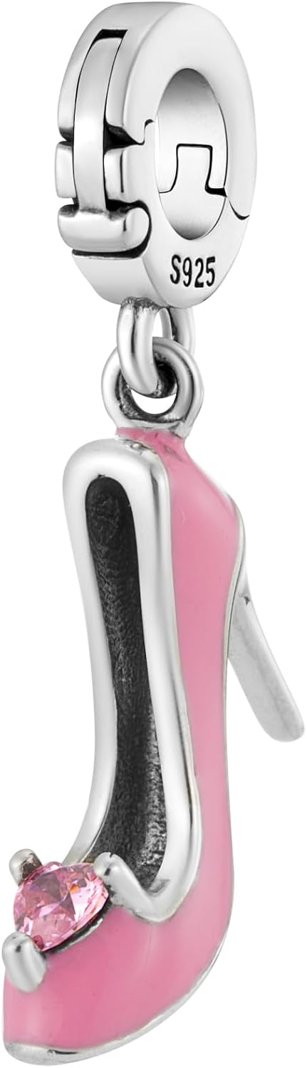 Bolenvi Pink High Heel Crystal Heart Dangle Pendant Charm, Omni Clasp Clip on 925 Sterling Silver Charms Compatible with Pandora & Similar Bracelets, Necklaces & DIY Jewelry, Pink Enamel, CZ Crystal