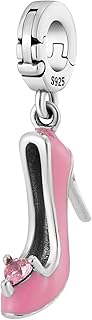 Pink High Heel Crystal Heart Dangle Pendant Charm, Omni Clasp Clip on 925 Sterling Silver Charms Compatible with Pandora & Similar Bracelets, Necklaces & DIY Jewelry, Pink Enamel, CZ Crystal