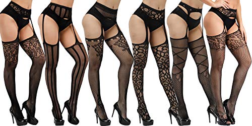 Image of Women's Floral Fishnet Stockings with Attached Garter Belt