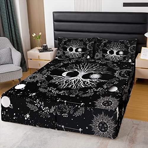 Erosebridal Tree of Life Bed Skirt Sun and Moon Bed Skirts King Kids Teens Bedroom Decor Black and White 3 Pcs Bedskirt Gothic Bohemian Flower Bedding Decor Galaxy Stars Constellations Bed Skirt