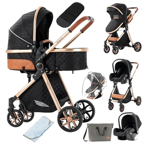 MoLi Carrito de Bebe 3 en 1, Carro Bebe 3 Piezas Plegado Conveniente con Un Solo Clic, Carrito Bebe con Modo de Doble Empuje Reversible, Cochecito Bebe 3 Piezas Paisaje Alto (225 Black Gold)