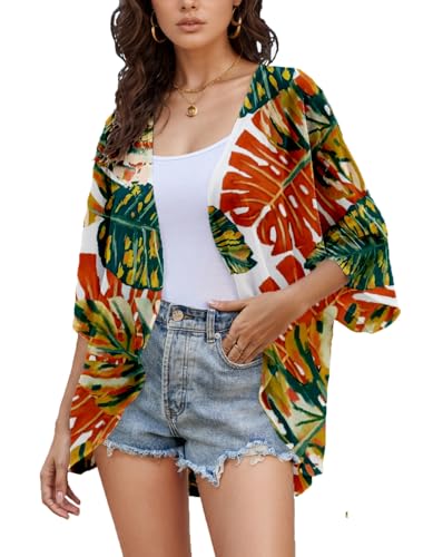 Image of Womens Sheer Chiffon Kimono Jacket Open Front Loose Fit Boho Style Casual Cardigan Shawl Tops Orange XL