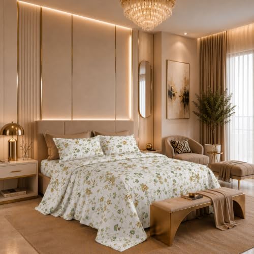 Image of Jaipur Weaves Cotton Linen Feel King Size Bedsheet 108x108 Super King, 100% Pure Cotton Bed Sheet with 2 Pillow Covers, 300 TC Soft Breathable Floral Design Bedding -(Vintage Yellow, Super King)