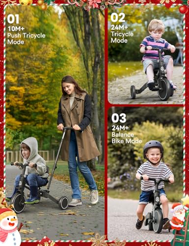 besrey 5 in 1 Toddler Bike with Parent Steering Push Handle for 1-3 Years Old Girls and Boys, Foldable Kids Push Tricycle, Toddler Trike with Removable Pedals, Height Adjustable Seat (Black) - Thumbnail 3