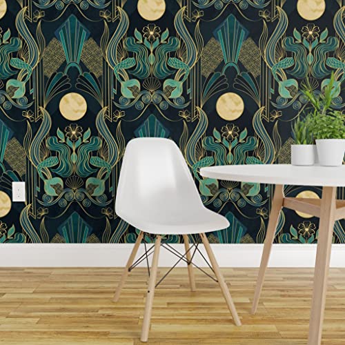 Spoonflower Peel & Stick Wallpaper 12Ft X 2Ft - Art Deco Mermaids Moonlight Night Sky Fantasy Moon Custom Removable Wallpaper #TOP1
