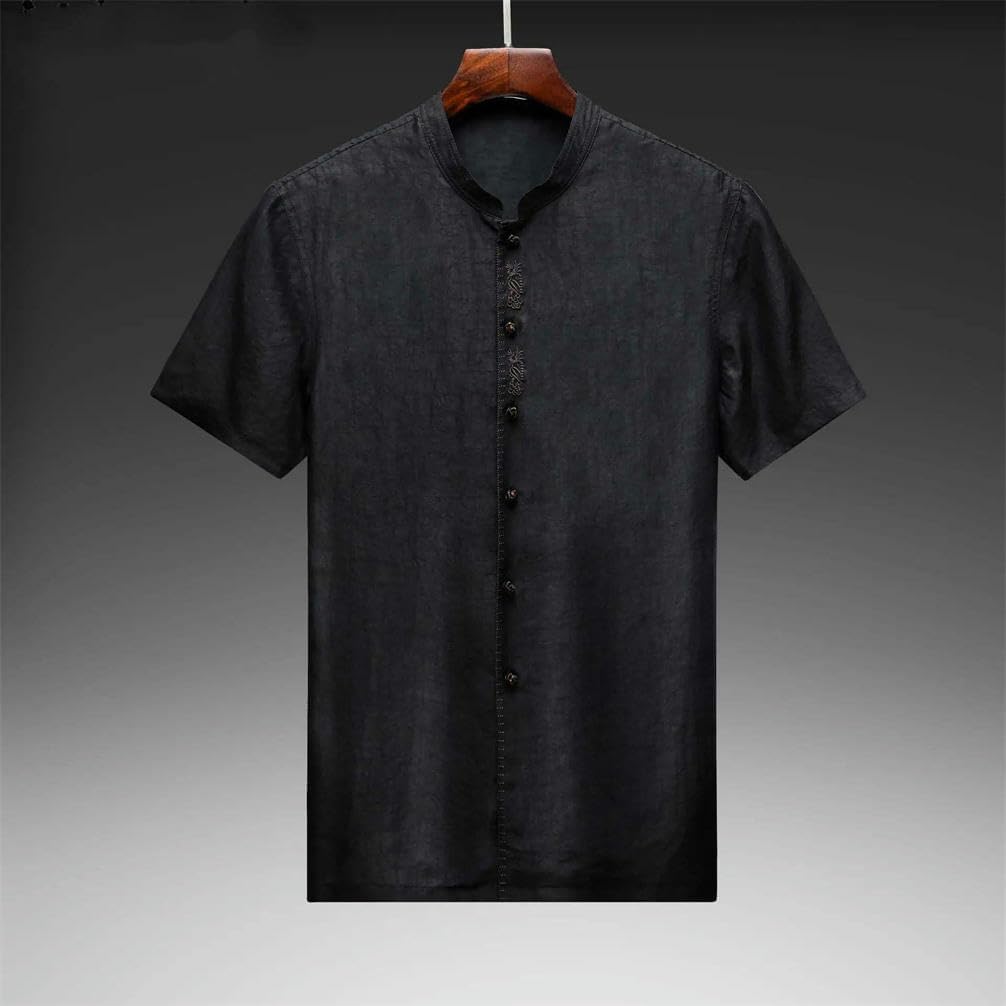 Men's Silk Summer Short-Sleeved Shirt Men's Chinese Style Solid Color Lightweight Casual top