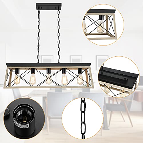 Laboreducer Farmhouse Kitchen Island Light, Rustic Dining Room Light Fixture, 5 Lights Metal Rectangular Linear Chandelier Industrial Ceiling Hanging Pendant Light For Living Room(Black, Oak Finish) #TOP2