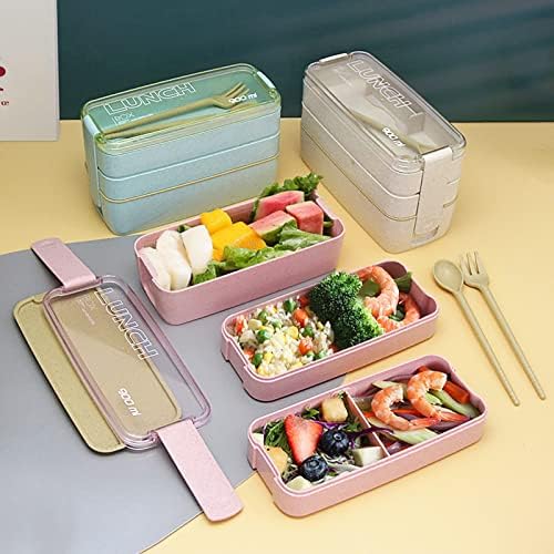 TIAASTAP 3 Layer Bento Lunch Box, Bento Box Lunch Box with Compartments, Japanese Lunch Container Kids Adults with Fork Spoon for Work Leakproof Sandwich Box Microwave Safe (Green)