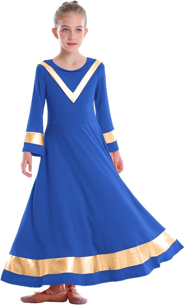 OwlFay Girls Gold Metallic Color Block Liturgical Praise Dance Dress Ruffle Loose Fit Full Length Long Sleeve Worship Costume : Clothing, Shoes & Jewelry