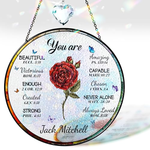 Personalized Christian Birth Flower Stained Glass Suncatcher, Bible Verse Window Hanging Faith Gift with Birth Month Flower for Women, Baptism, Mother's Day Birthday Gift for Mom Grandma HS396