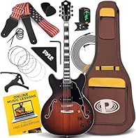 🎸 SEMI HOLLOW BODY JAZZ GUITAR: This semi hollow body guitar produces a louder tone when strummed acoustically and reduces sound feedback. It also comes with a digital tuner for enhanced tuning stability. 🎶 SINGLE COIL JAZZMASTER PICKUPS: Equipped wi...