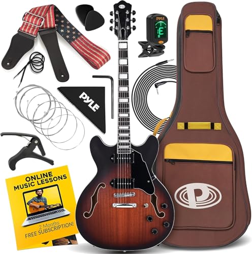 Pyle Semi Hollow Body Electric Guitar Set, 41.8"/106cm Full Size Jazz Instrument Kit w/Gig Bag and Accessories, Matte & Sunburst Finish