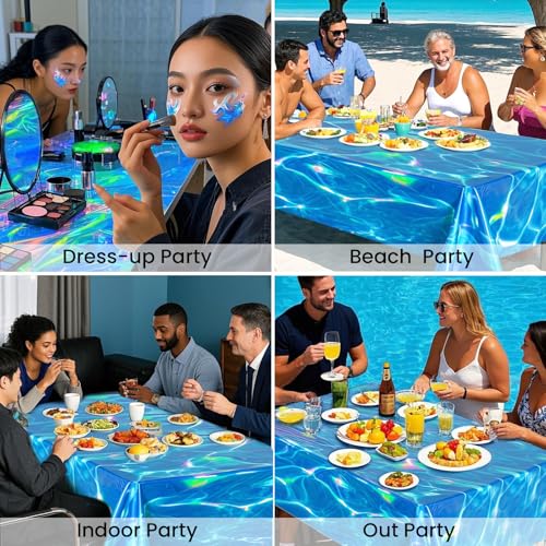 Image of 3 Pcs Iridescent Ocean Waves Tablecloths, 54 x 108 Inch Disposable Plastic Ocean Table Cloth, Water Print Tablecloths Ocean Table Cover for Beach Pool Sea Theme Party Decorations