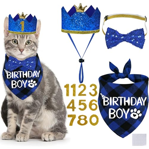 STMK Artigos de festa de aniversário para gatos, chapéu de aniversário com números, bandana para dec