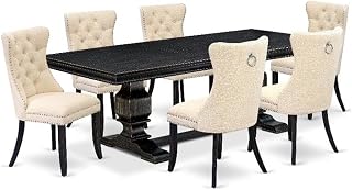 LKDA7-SBB-32, 7-pc Dining Room Set Consists of a Kitchen Table and 6 Light Beige Polyester Fabric Parson Chairs with Button Tufted Chair Back, Sand Blasting Black Finish.