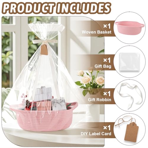 Image of OIAHOMY Small Woven Basket with Gift Bags, Ribbons & DIY Label Card, Baskets for Gifts Empty, Small Rope Basket 12 * 8 * 5IN, Cute Decorative Baskets with Handles for Baby Pets, Toys, Pink