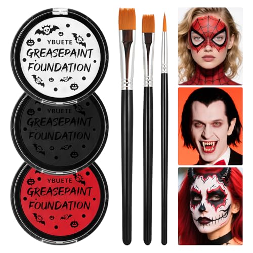 YBUETE Red Black White Oil Based Face Paint Kit with Painting Brushes, Professional Full Coverage Greasepaint for Adults Halloween Cosplay SFX Spider-man Joker Devil Makeup Carnival Stage
